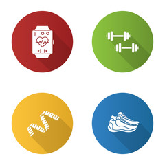 Fitness flat design long shadow glyph icons set