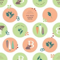 Lucky day rabbit and carrot with dot background. Cute and bright pattern for brand who has fun and happy style. Repeated pattern. Suits for kids/children pattern.