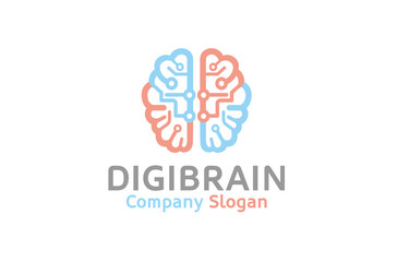 Creative Smart Blue Pink Brain Technology Logo Design Illustration