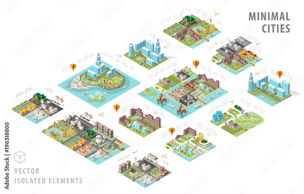 Aufkleber set of isolated isometric minimal city maps . elements with shadows on white background