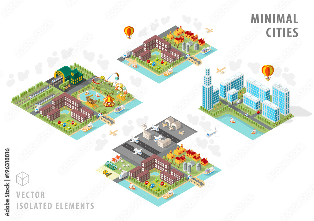 Poster set of isolated isometric minimal city maps . elements with shadows on white background