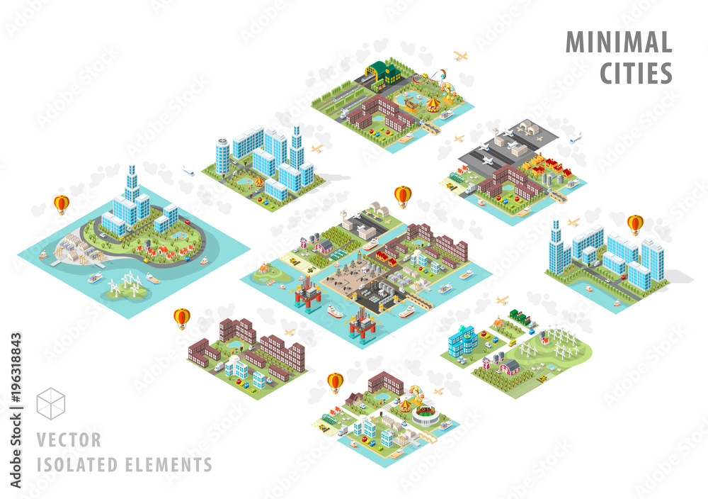 Aufkleber set of isolated isometric minimal city maps . elements with shadows on white background