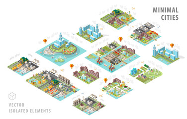 Set of Isolated Isometric Minimal City Maps . Elements with Shadows on White Background