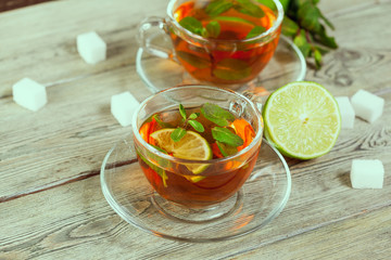 Cup of tea on wooden table