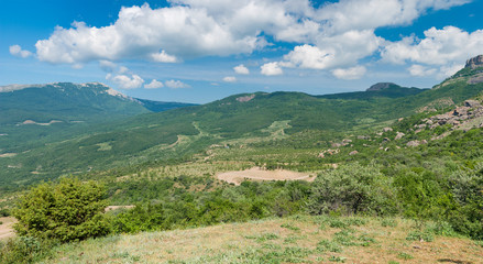 Spring panoramic landscape - view from Valley of Ghosts to mountains near Alushta resort, Crimean peninsula