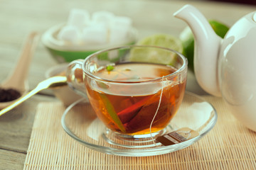 Cup of tea on wooden table