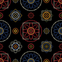 Embroidery needlework vector illustration. Seamless pattern background.