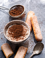 Tiramisu ingredients (lady fingers, cocoa, cream) on a marble background. Homemade sweet food
