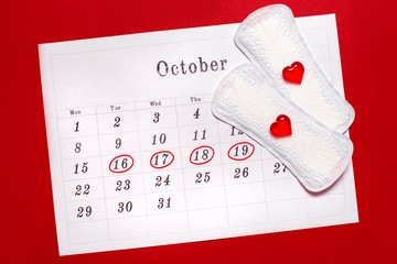 Menstruation. Pads liners and calendar a red background
