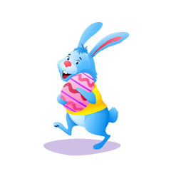 Blue cartoon Easter rabbit running with paschal egg isolated on white background. Happy ester Bunny wearing yellow shirt. Cute holiday character. Design decoration. Colorful vector animal illustration