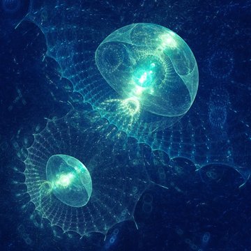 Abstract fractal sea creatures rendered in blue tones