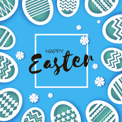 Blue Happy Easter Greetings card. Colorful Eggs in paper cut style. Spring holidays on blue. Space for text. Origami flower. Nature.