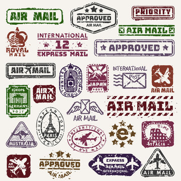 Vector vintage postage mail stamps retro delivery badge plane, train transport stickers collection grunge stamps print. Postmark design correspondence sign. Antique communication template texture