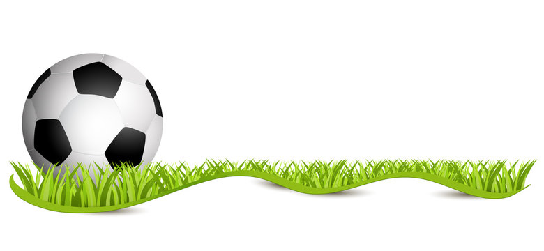 Fussball auf Rasen mit Schleifenband freigestellt.