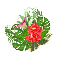 Floral arrangement bouquet with tropical flowers  with beautiful lilies Cala and anthurium, palm,philodendron and ficus vintage vector illustration  editable hand draw