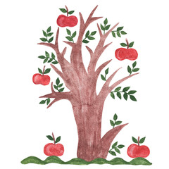 Watercolor illustration of an apple tree
