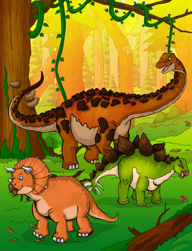 Titanosaur, Stegosaurus and Triceratops on the background of forest
