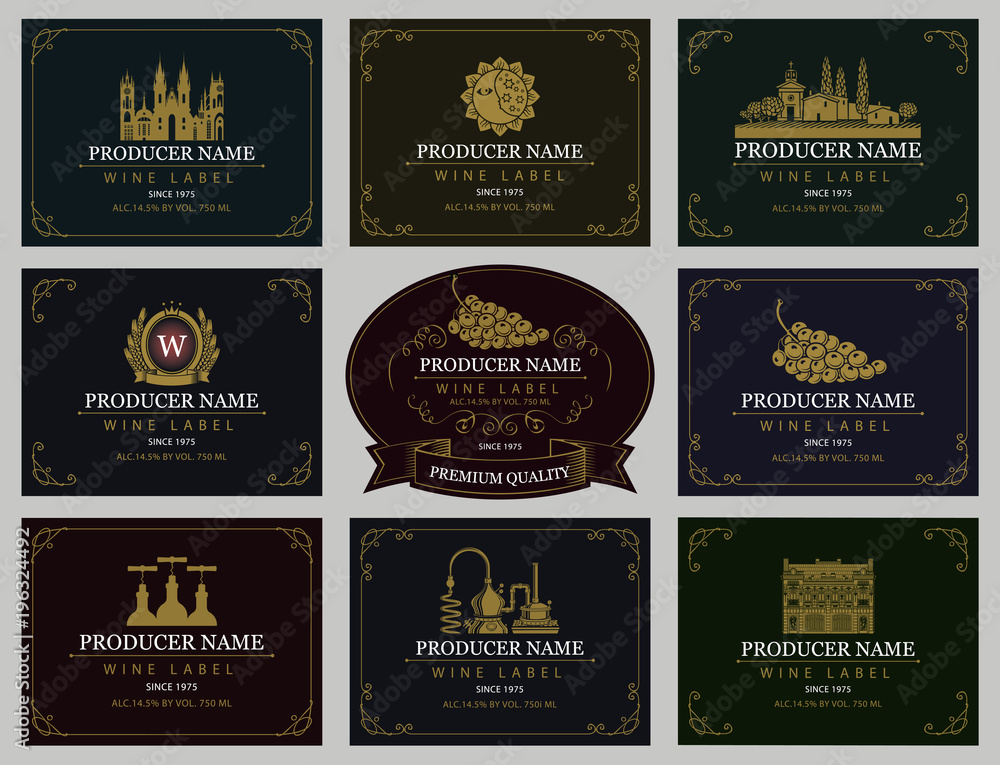 Poster vector set of wine labels with the image of grapes, winery, castle, sun, landscape, coat of arms and
