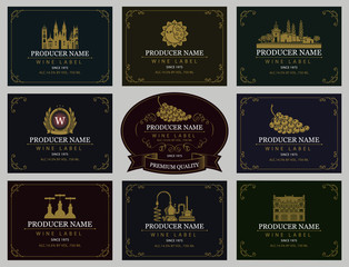 Vector set of wine labels with the image of grapes, winery, castle, sun, landscape, coat of arms and other in retro style in frames with curls
