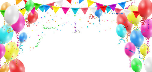 Balloons header background. Party card with colourful balloons. Balloon background.