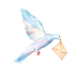 Watercolor hand drawn sketch illustration of dove with an envelope in its beak, pigeon mail isolated on white