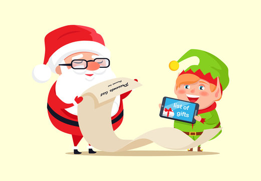 Santa Claus and Elf Checking out Gift List Icon