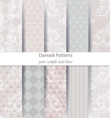 Damask patterns set collection Vector. Baroque ornament with modern abstract elements. Vintage decor. Trendy color fabric textures