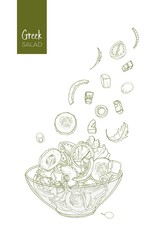Contour drawing of greek salad and its ingredients. Tomato, cucumber, olive, feta cheese, onion, bell pepper pieces and slices, lettuce leaves thrown out of glass bowl. Outline vector illustration.