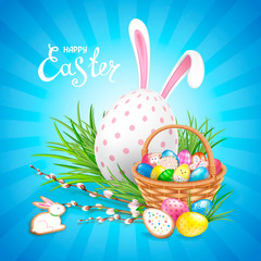 Easter composition with big white decorated egg, ears of Bunny and basket filled with eggs and cookies. Willow twigs and green grass. Template for greeting cards, banners, posters