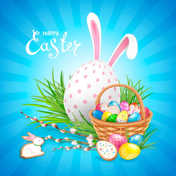 Easter composition with big white decorated egg, ears of Bunny and basket filled with eggs and cookies. Willow twigs and green grass. Template for greeting cards, banners, posters
