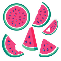 Watermelon vector set of red watermelon flesh with black seeds. Juicy summer tropical fruits. Vector illustration with slices of watermelons.