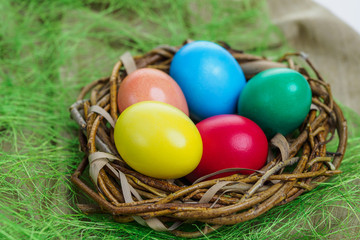 multicolored easter eggs lie in a nest on a green grassy background