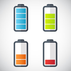Illustration of battery level indicators. Battery life, accumulator, battery running low, battery recharging vector.