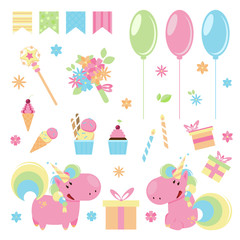 Vector illustration of cute pink unicorns with happy birthday elements
