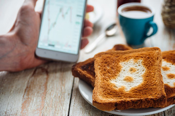 Breakfast of businessman with coffee and phone