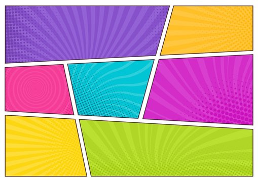 Blank bright colored background templates, decorative backdrops with dotted texture or boxes with dots and rays for comic strip or cartoon story. Modern vector illustration in pop art style.