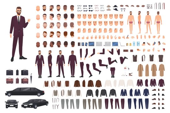 Elegant man dressed in business or smart suit creation set or DIY kit. Collection of body parts, stylish clothes, faces, postures. Male cartoon character. Front, side, back views. Vector illustration.