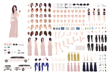 Elegant woman dressed evening prom clothing creation set or DIY kit. Collection of body parts, facial expressions, postures. Female cartoon character. Front, side, back views. Vector illustration.