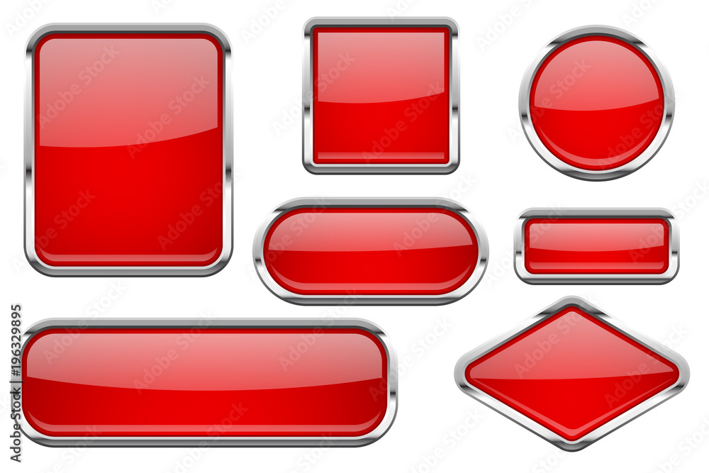 Wall mural red glass buttons with chrome frame. colored set of shiny 3d web icons