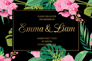 Wedding invitation card template. Pink orchid phalaenopsis flowers. Exotic tropical jungle bright green palm tree monstera leaves. Border frame dark black night background. Golden text placeholder. © imaginarybo