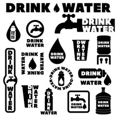 A set of different icons with the inscription "Drink Water". Monochrome logos isolated on white background. Vector illustration.