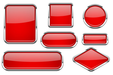 Red glass buttons with chrome frame. Colored set of shiny 3d web icons