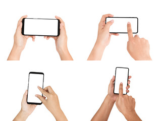 Hand holding smartphone blank on white screen and white background, Collection hand holding