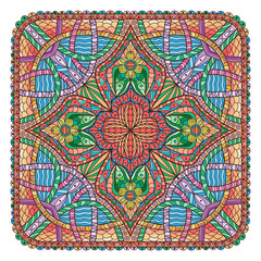 Mandala like square shaped decoration. Colored oriental flower pattern