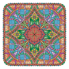 Mandala like square shaped decoration. Colored oriental flower pattern