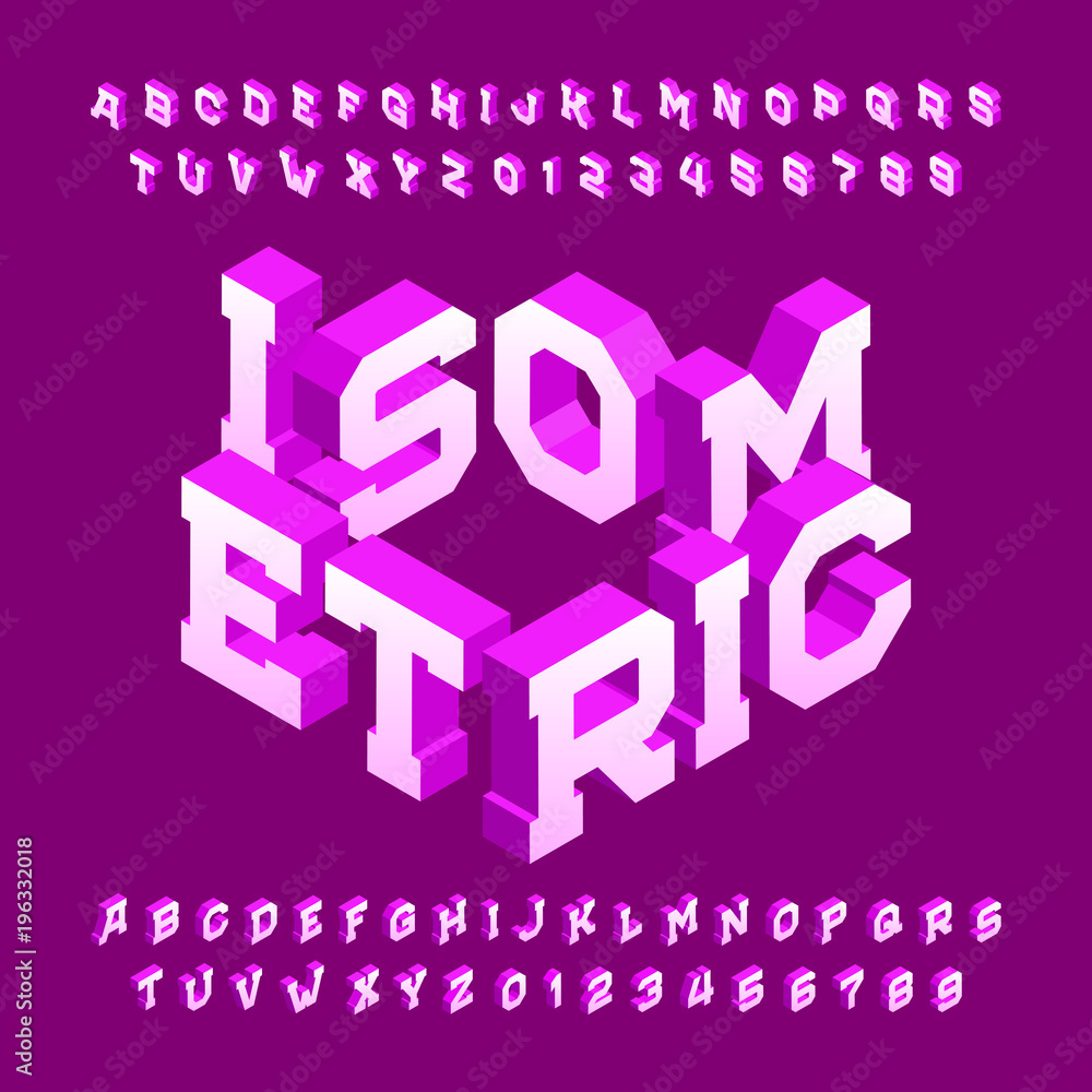 Poster isometric alphabet font. 3d effect letters and numbers. stock vector typeface for your design.