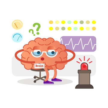 Conceptual brain cartoon character monitoring and receiving signals. Health care and medicine.