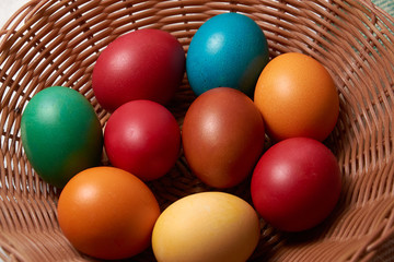 Fototapeta na wymiar Colorful Chicken and Quail Eggs Happy Easter