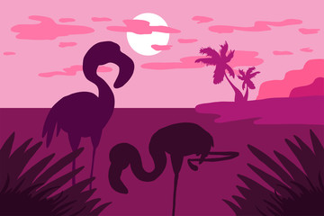 Tropical landscape with flamingo, palms and sun