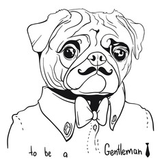 Vector face of little dog in black and white color with glasses and mustache. Isolated on white background